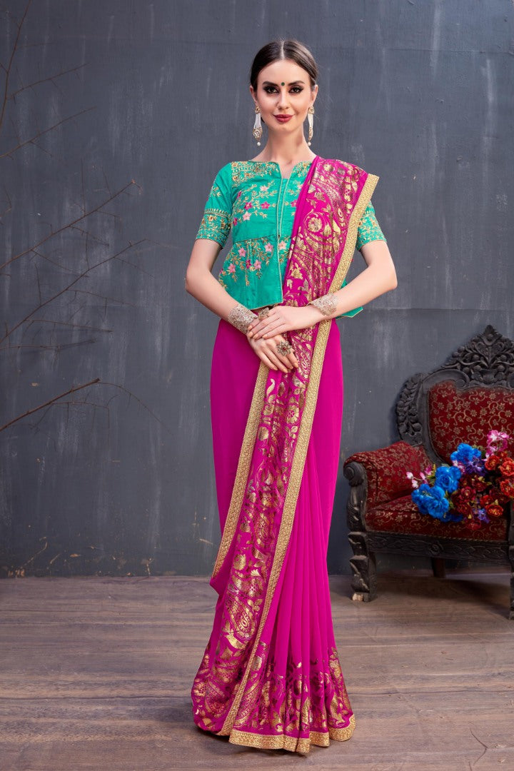 Designer dark pink embroidered partywear saree