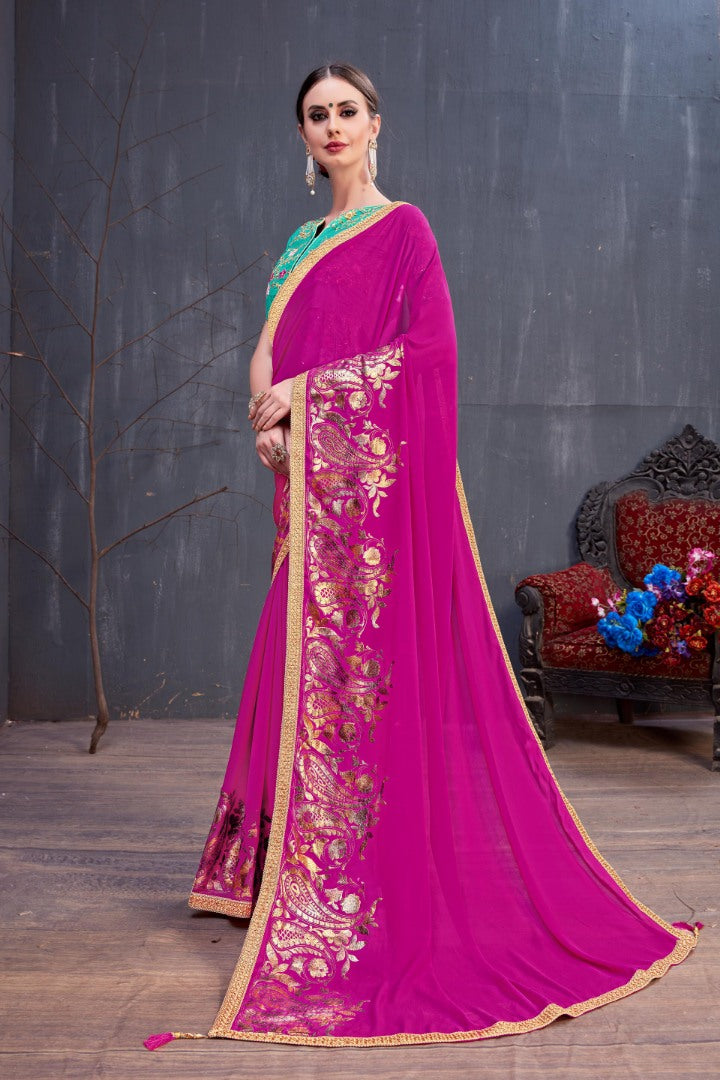 Designer dark pink embroidered partywear saree