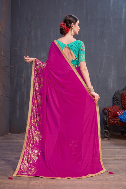 Designer dark pink embroidered partywear saree