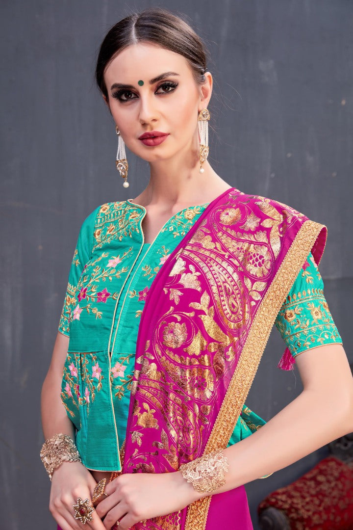 Designer dark pink embroidered partywear saree