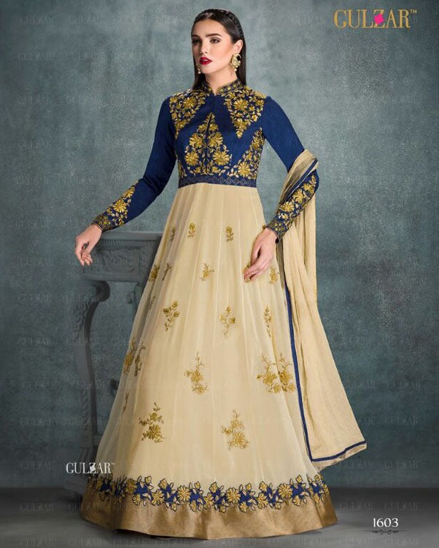 Designer embroidered beige and blue anarkali suit