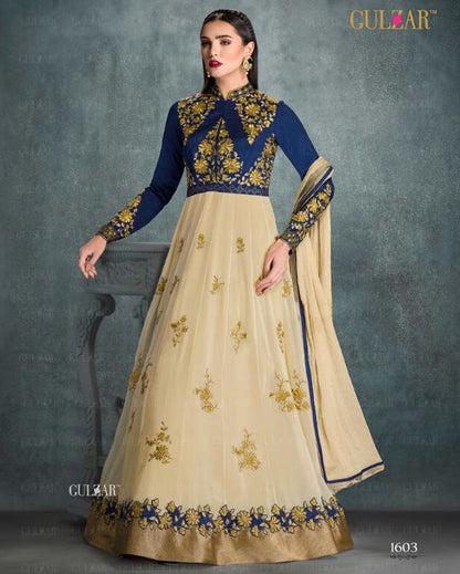 Designer embroidered beige and blue anarkali suit