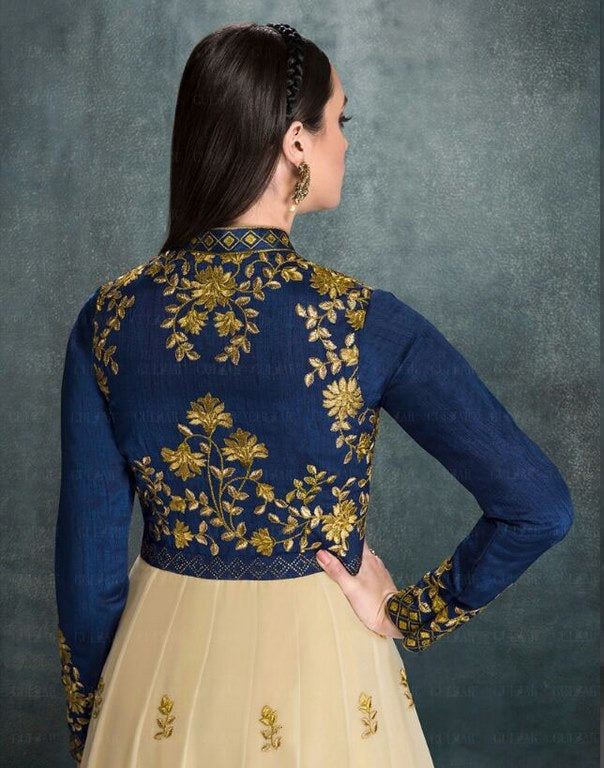 Designer embroidered beige and blue anarkali suit