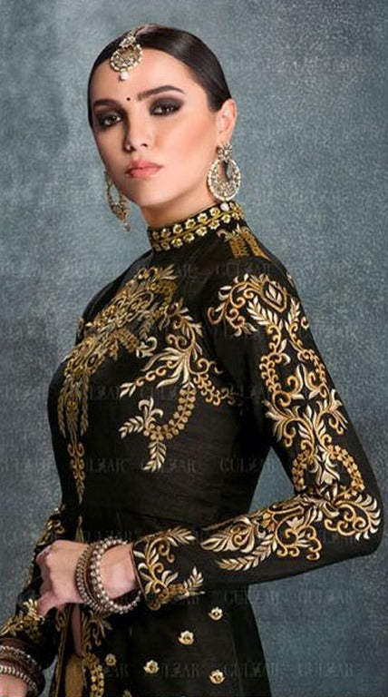 Designer embroidered black and yellow anarkali suit
