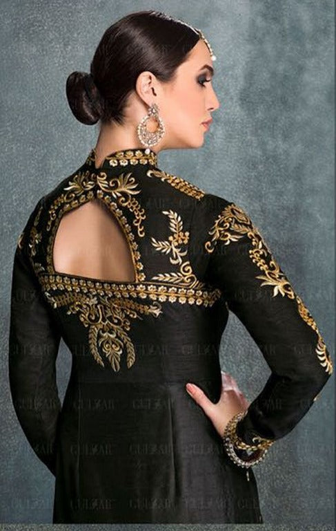 Designer embroidered black and yellow anarkali suit