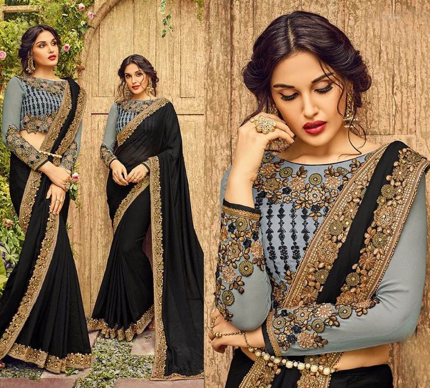 Designer embroidered black georgette partywear saree