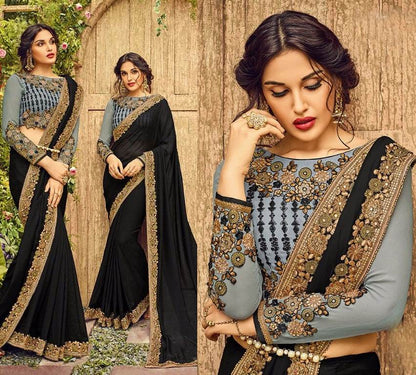 Designer embroidered black georgette partywear saree