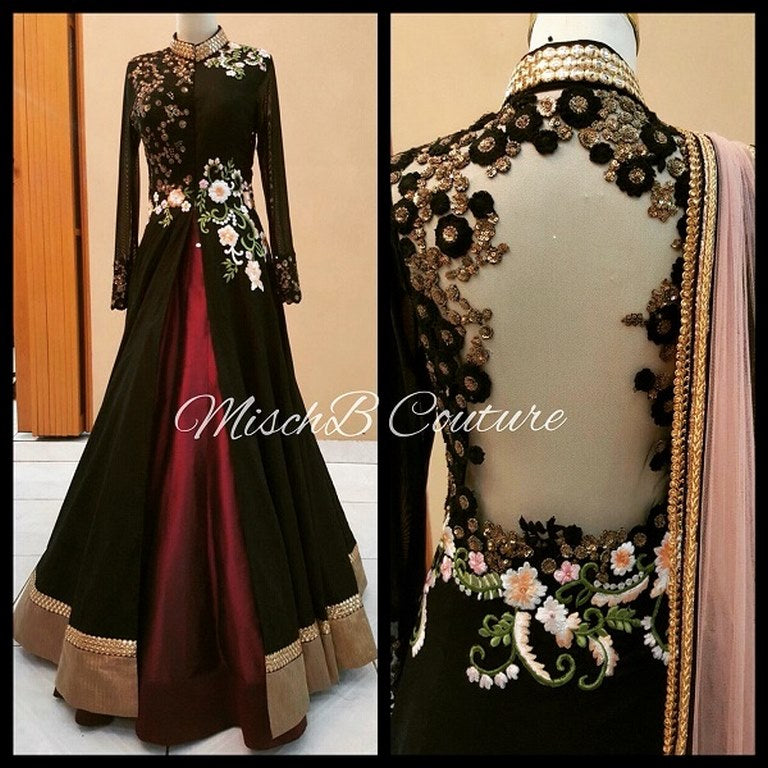Designer embroidered black indowestern lehenga