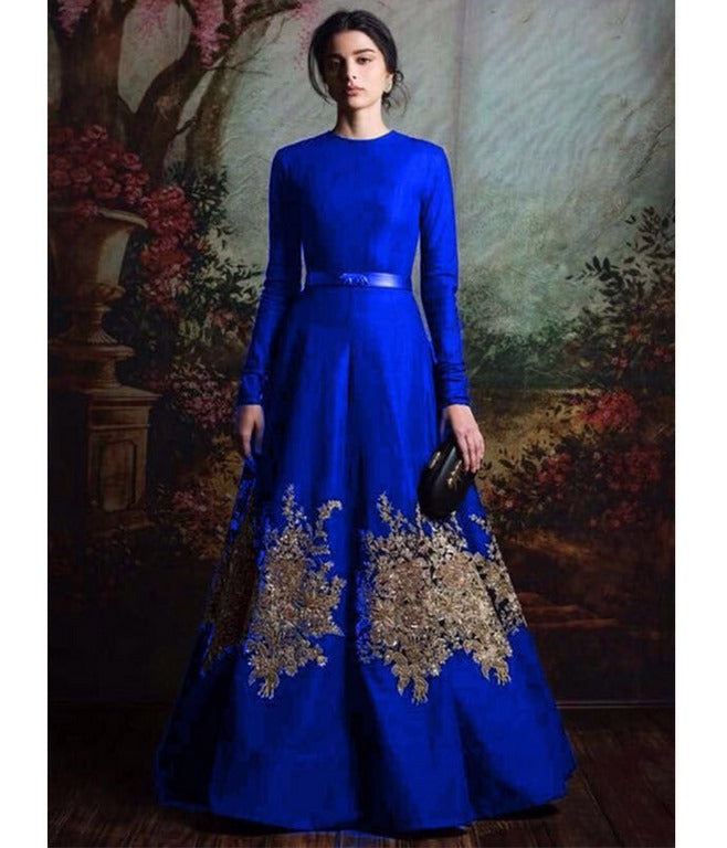 Designer embroidered blue partywear gown