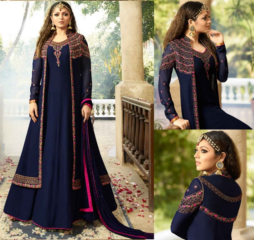 Designer embroidered dark blue indian wedding gown with shrug