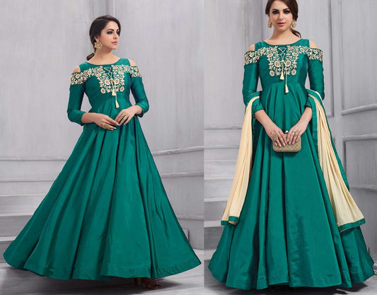Designer embroidered green ceremonial gown