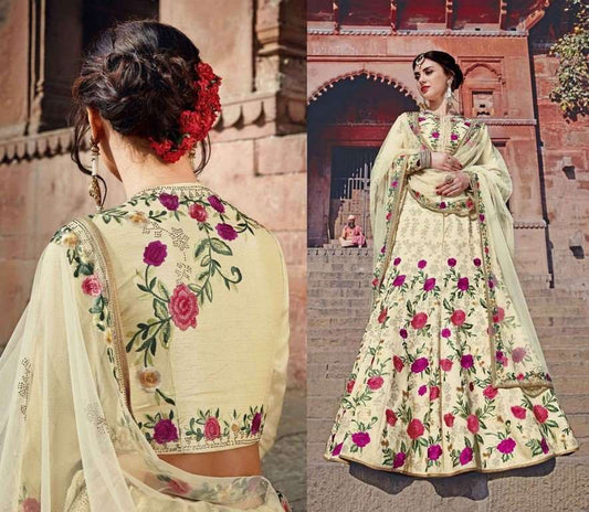 Designer embroidered light yellow art silk brial lehenga