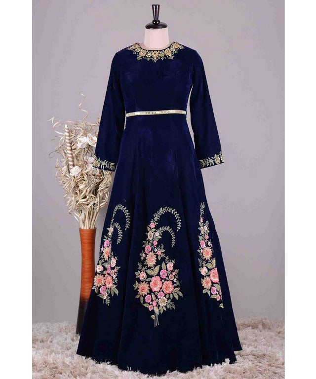 Designer embroidered navy blue heavy velvet ceremonial gown
