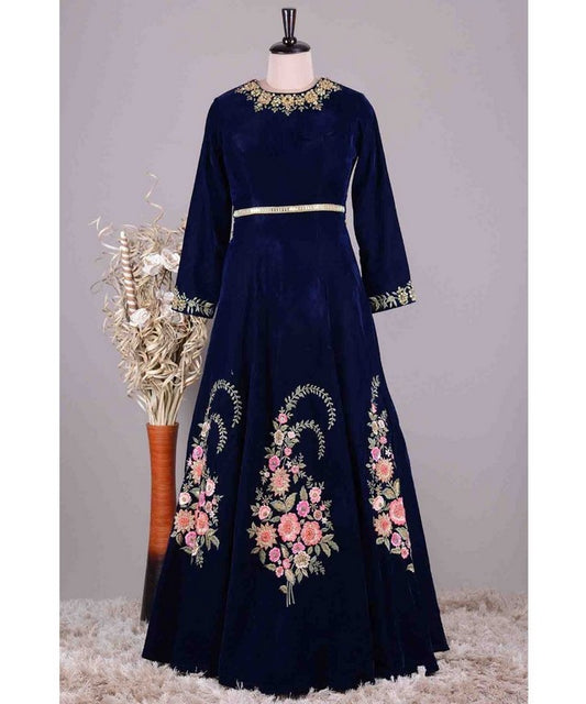 Designer embroidered navy blue heavy velvet ceremonial gown