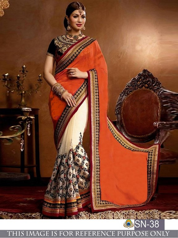 Designer embroidered orange and white wedding saree