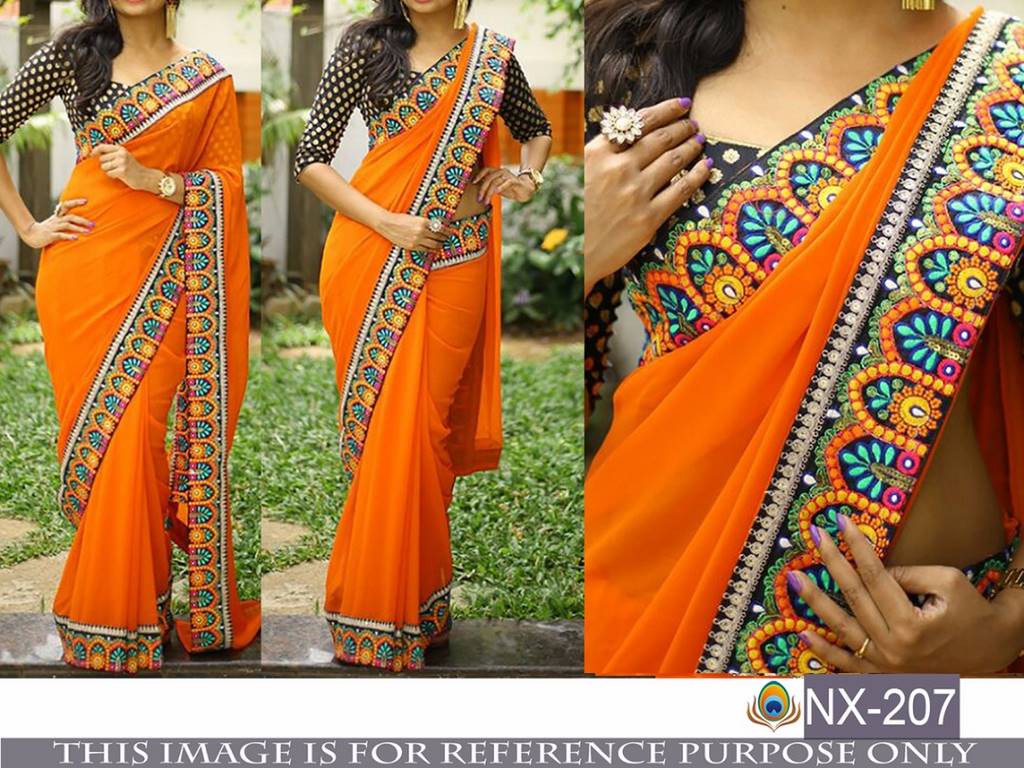 Designer embroidered orange saree