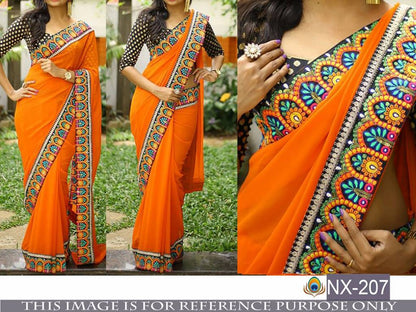 Designer embroidered orange saree
