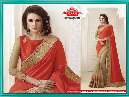 Designer embroidered orange wedding saree