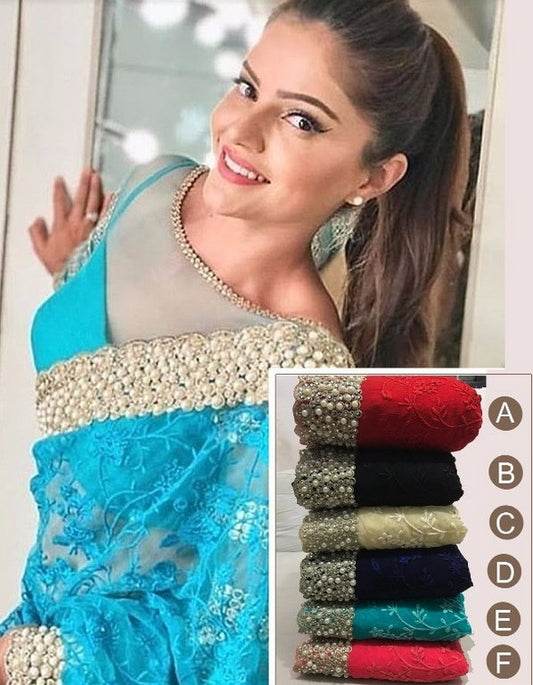 Designer embroidered pearl work heavy wedding saree