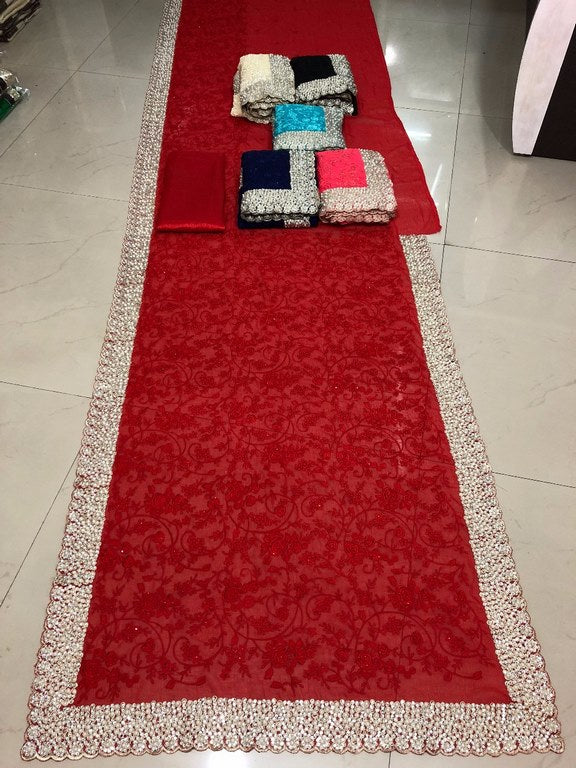 Designer embroidered pearl work heavy wedding saree