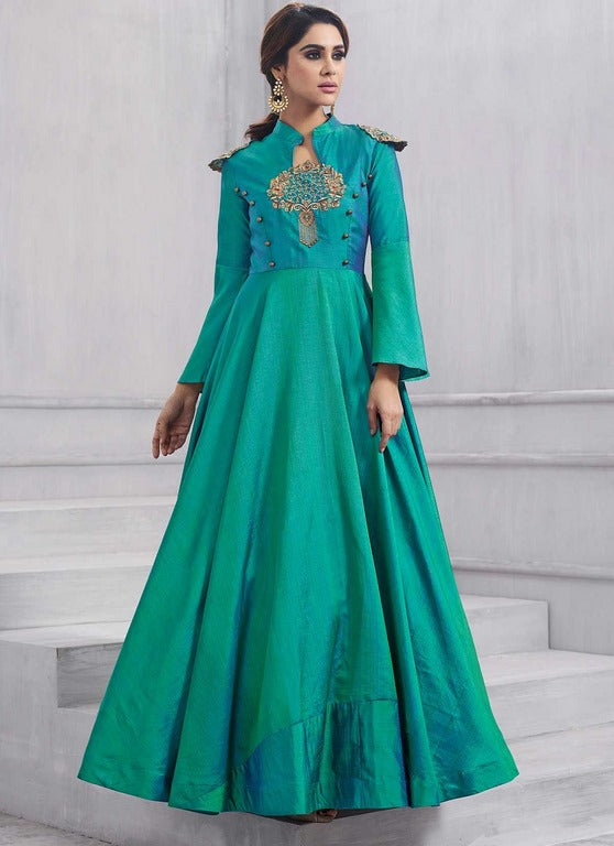 Designer embroidered rama green partywear gown