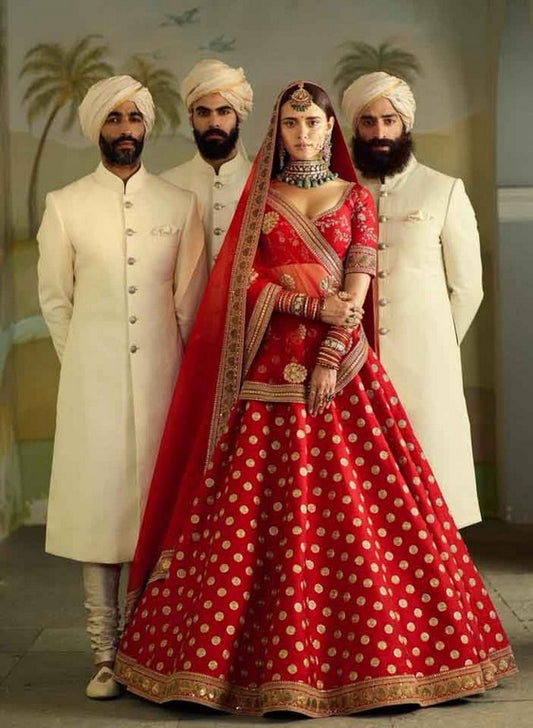 Designer embroidered red malbari silk heavy bridal lehenga