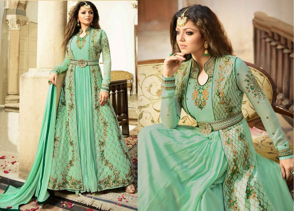 Designer embroidered sea green indian wedding gown