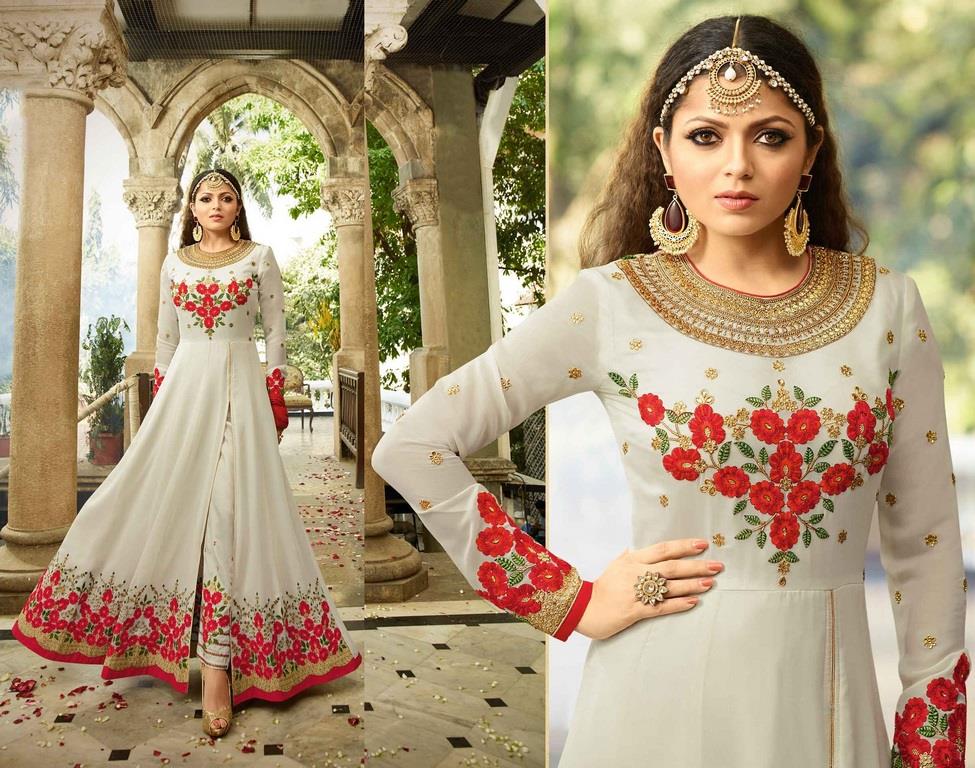 Designer embroidered white indian wedding anarkali suit
