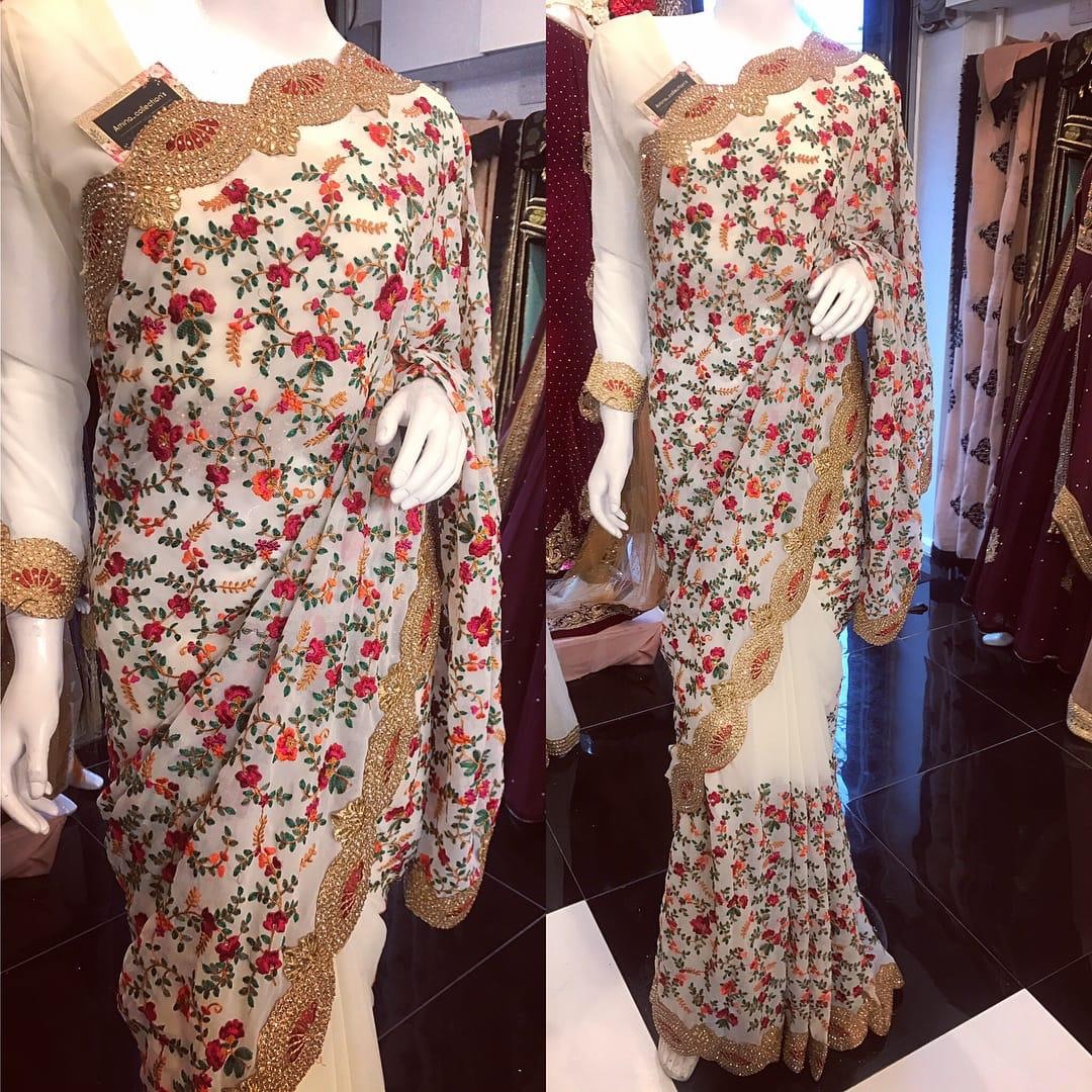 Designer georgette heavy multicolor threadwork wedding saree