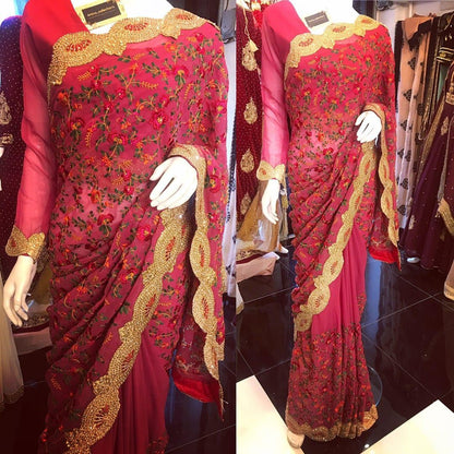 Designer georgette heavy multicolor threadwork wedding saree