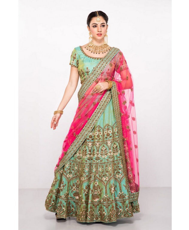 Designer green akira silk heavy embroidered bridal lehenga