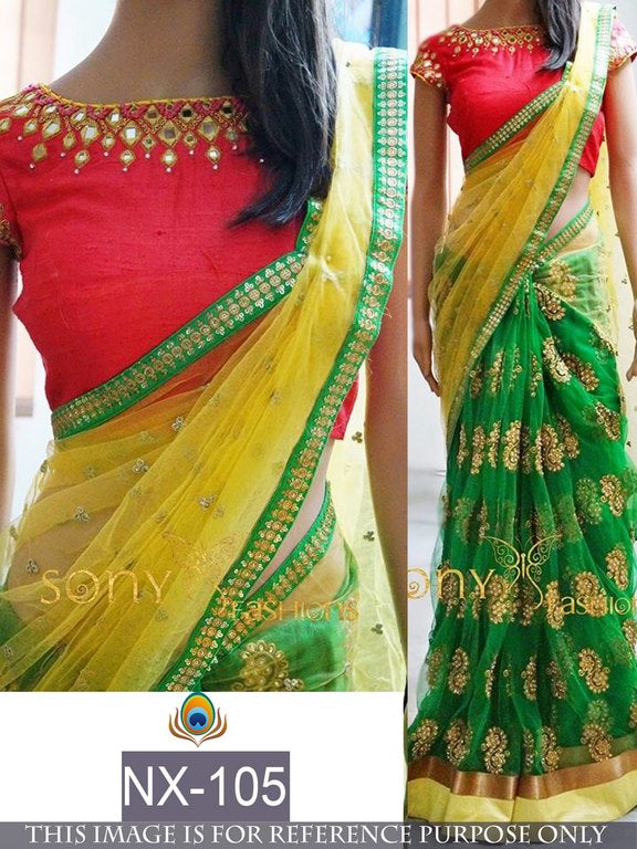 Designer green and yellow embroidered saree