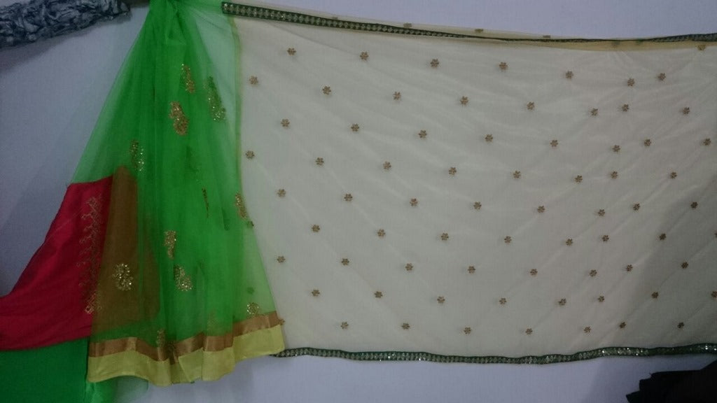 Designer green and yellow embroidered saree
