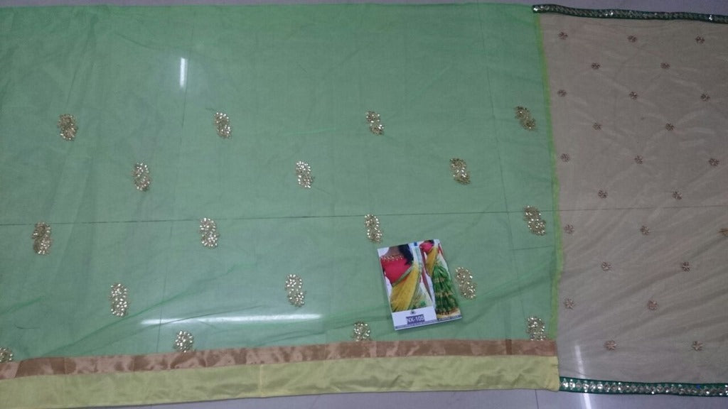 Designer green and yellow embroidered saree