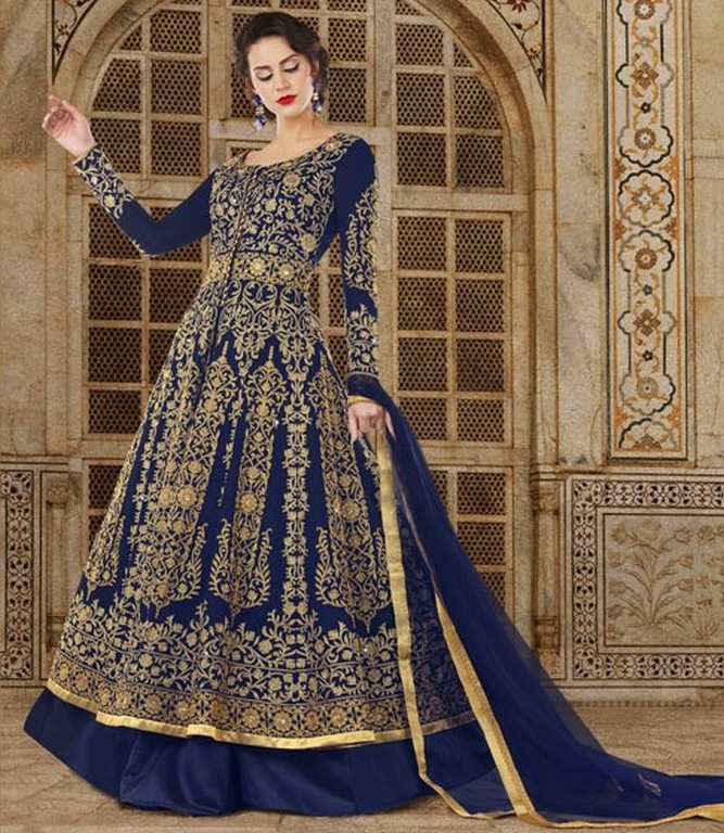 Designer heavy embroidered dark blue embroidered wedding gown