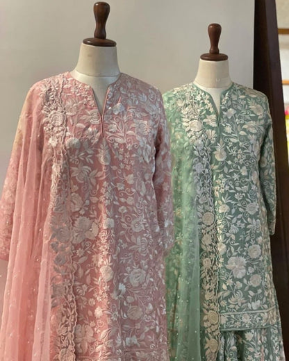 Designer heavy embroidered georgette sharara suit
