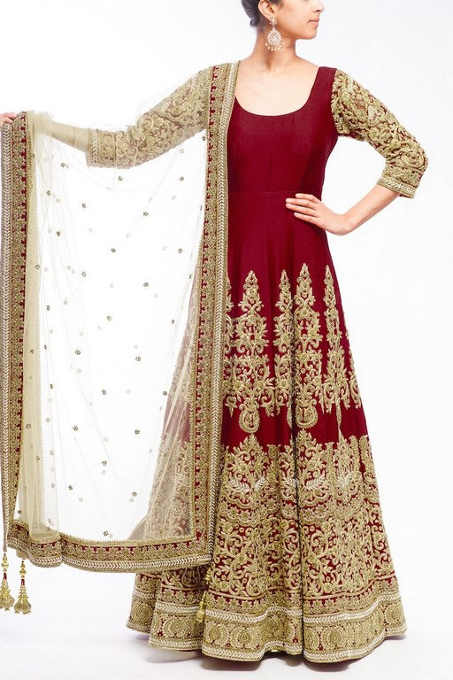 Designer heavy embroidered maroon anarkali suit for wedding