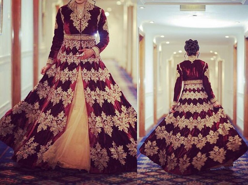 designer heavy embroidered maroon Bridal Indo westurn Gown