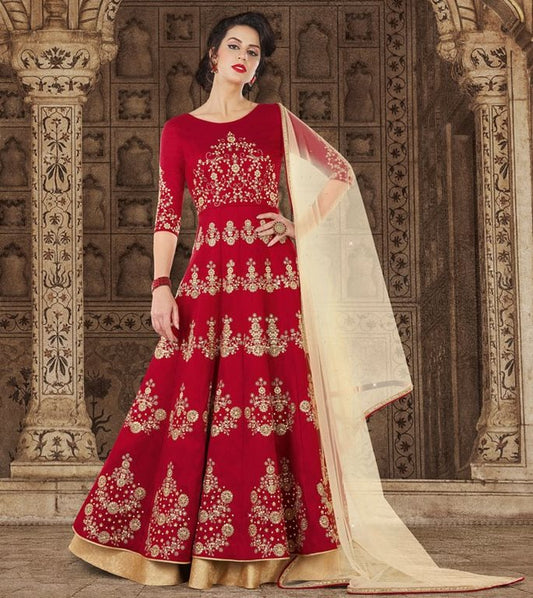 Designer heavy embroidered maroon embroidered wedding gown