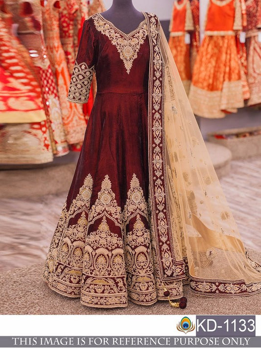 Designer heavy embroidered maroon gown with dupatta