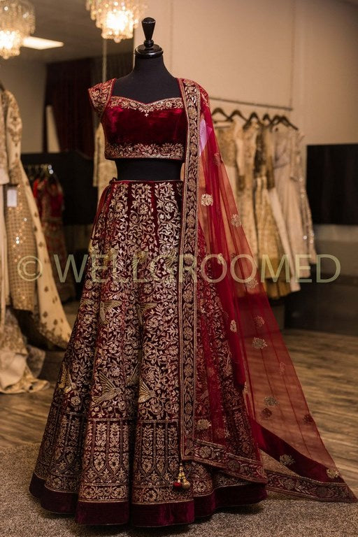 Designer heavy embroidered maroon malai satin bridal lehenga