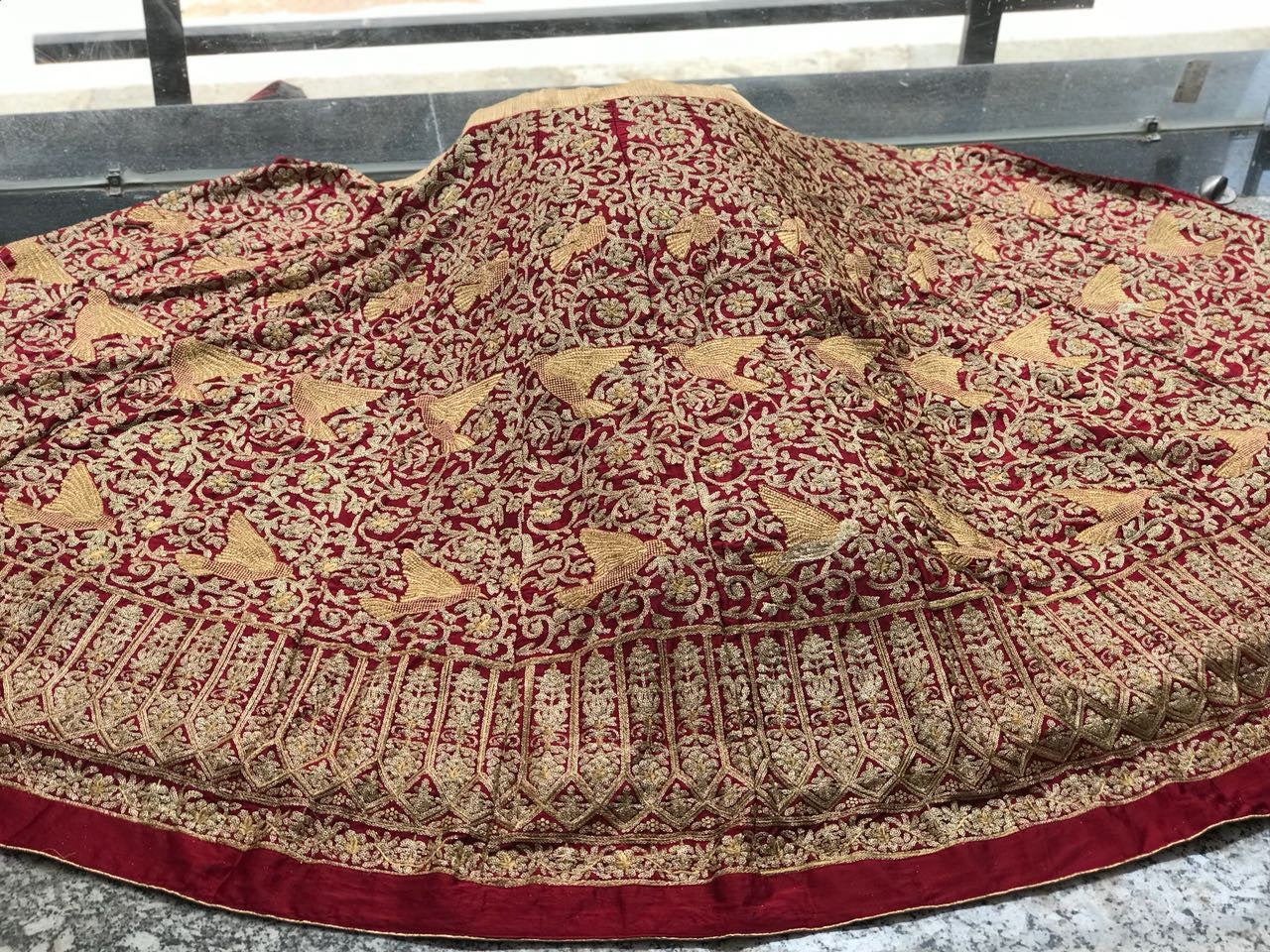 Designer heavy embroidered maroon malai satin bridal lehenga