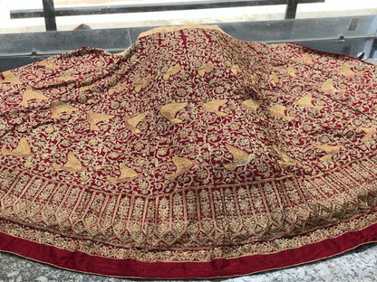 Designer heavy embroidered maroon malai satin bridal lehenga