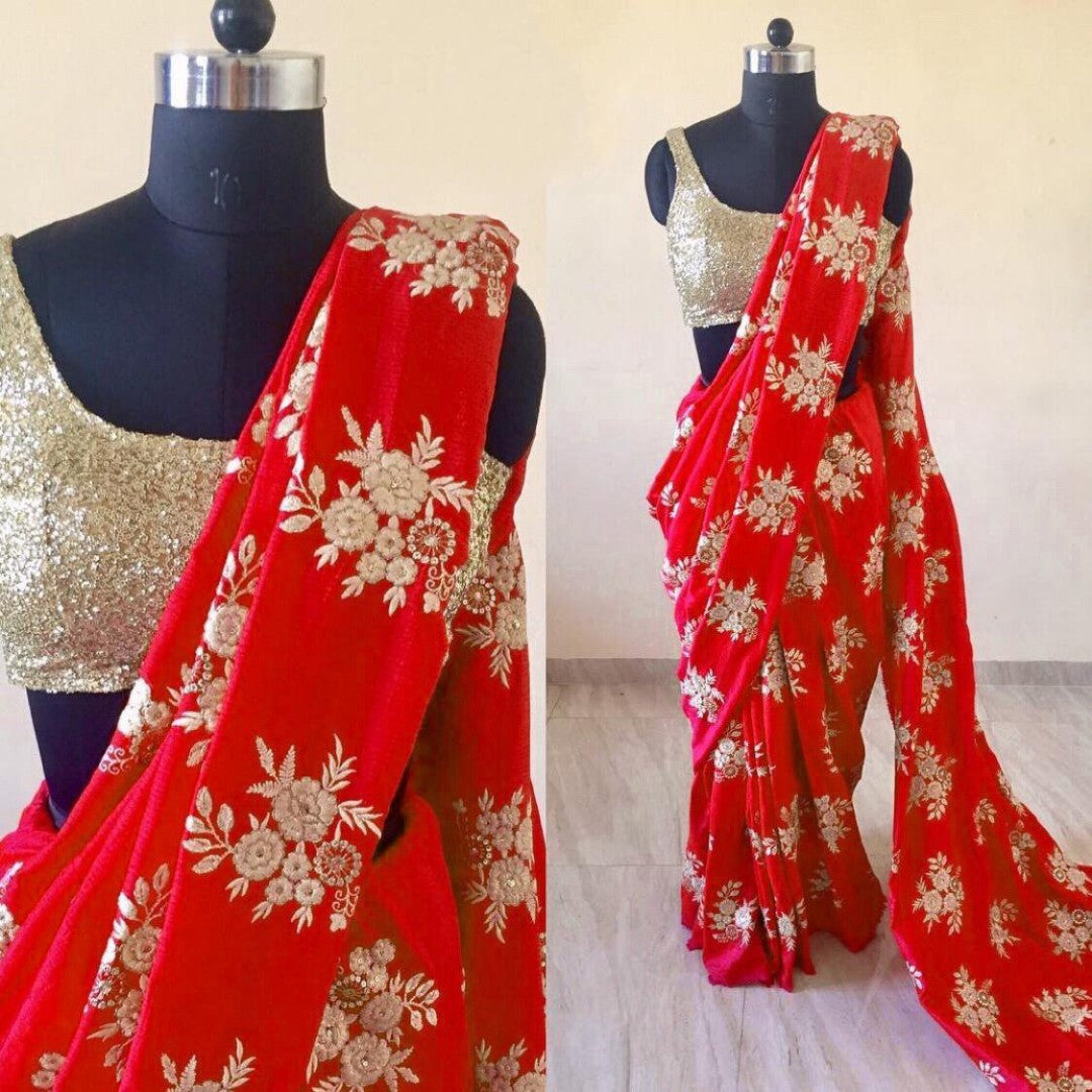 Designer heavy embroidered pure barfi soft silk wedding saree