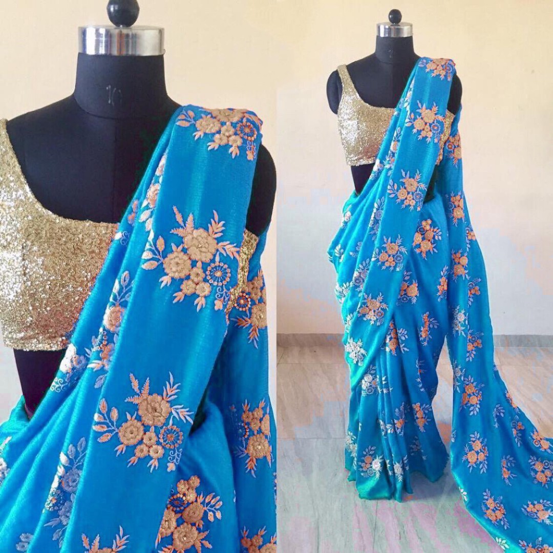 Designer heavy embroidered pure barfi soft silk wedding saree