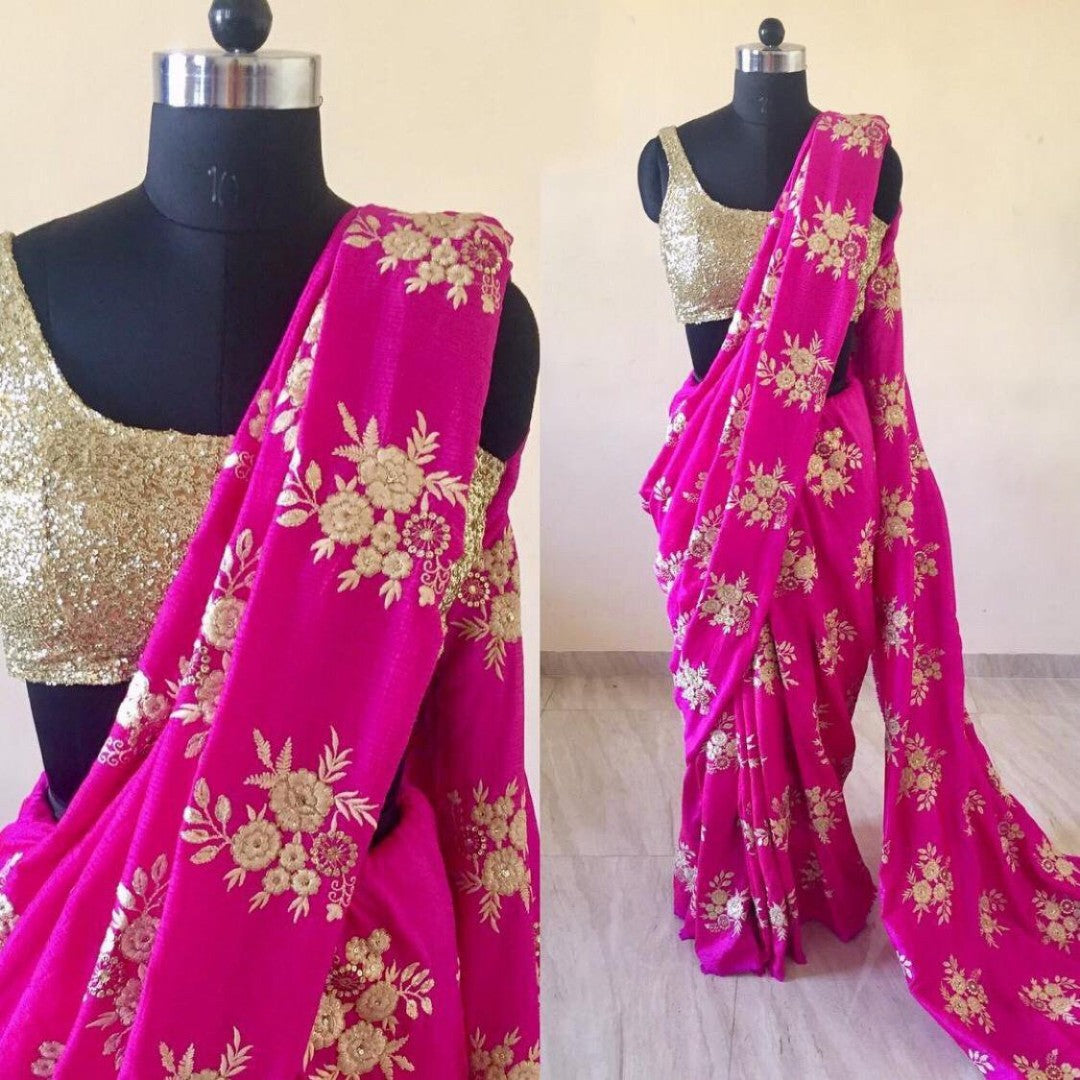 Designer heavy embroidered pure barfi soft silk wedding saree
