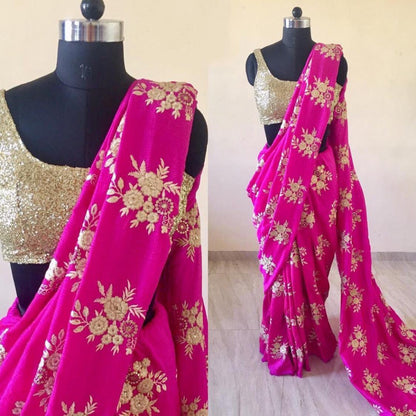 Designer heavy embroidered pure barfi soft silk wedding saree