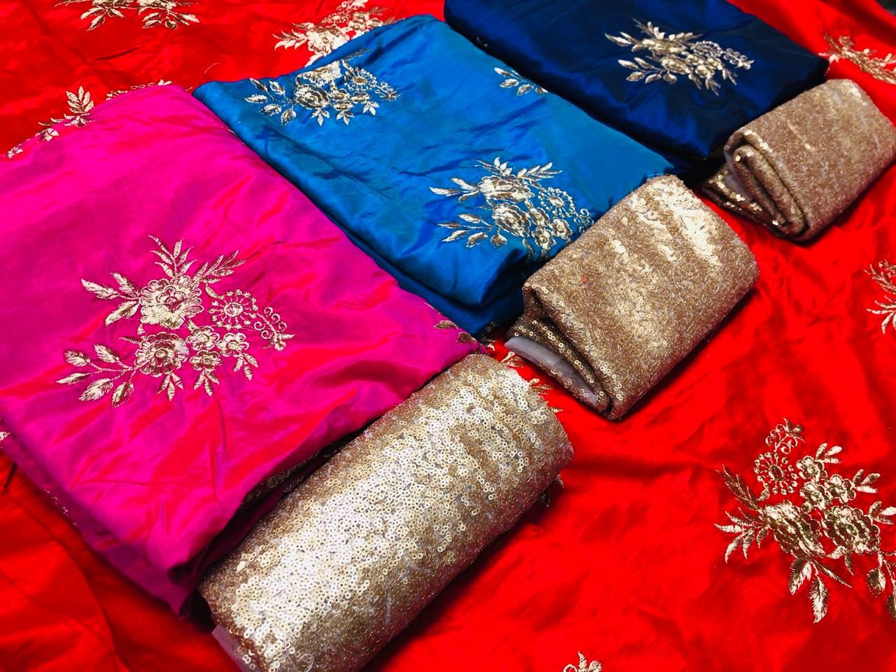 Designer heavy embroidered pure barfi soft silk wedding saree