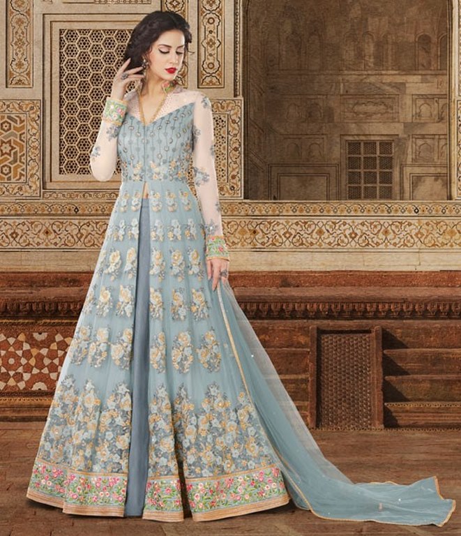 Designer heavy embroidered sky blue embroidered wedding gown