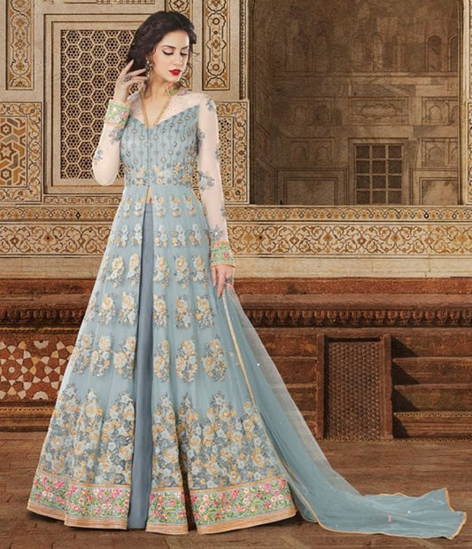 Designer heavy embroidered sky blue embroidered wedding gown